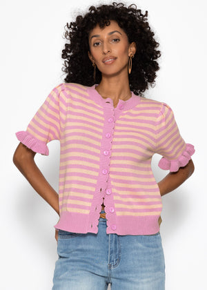 Gestreifte Kurzarm-Strickjacke mit Volants - pink-koralle