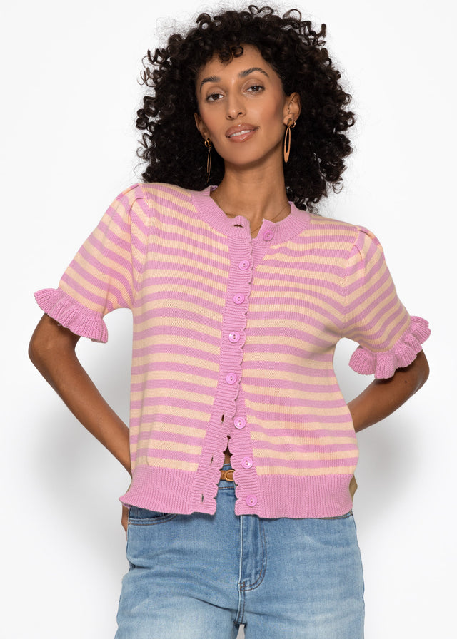 Gestreifte Kurzarm-Strickjacke mit Volants - pink-koralle
