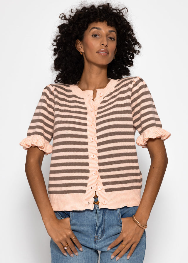 Gestreifte Kurzarm-Strickjacke mit Volants - rosa-taupe