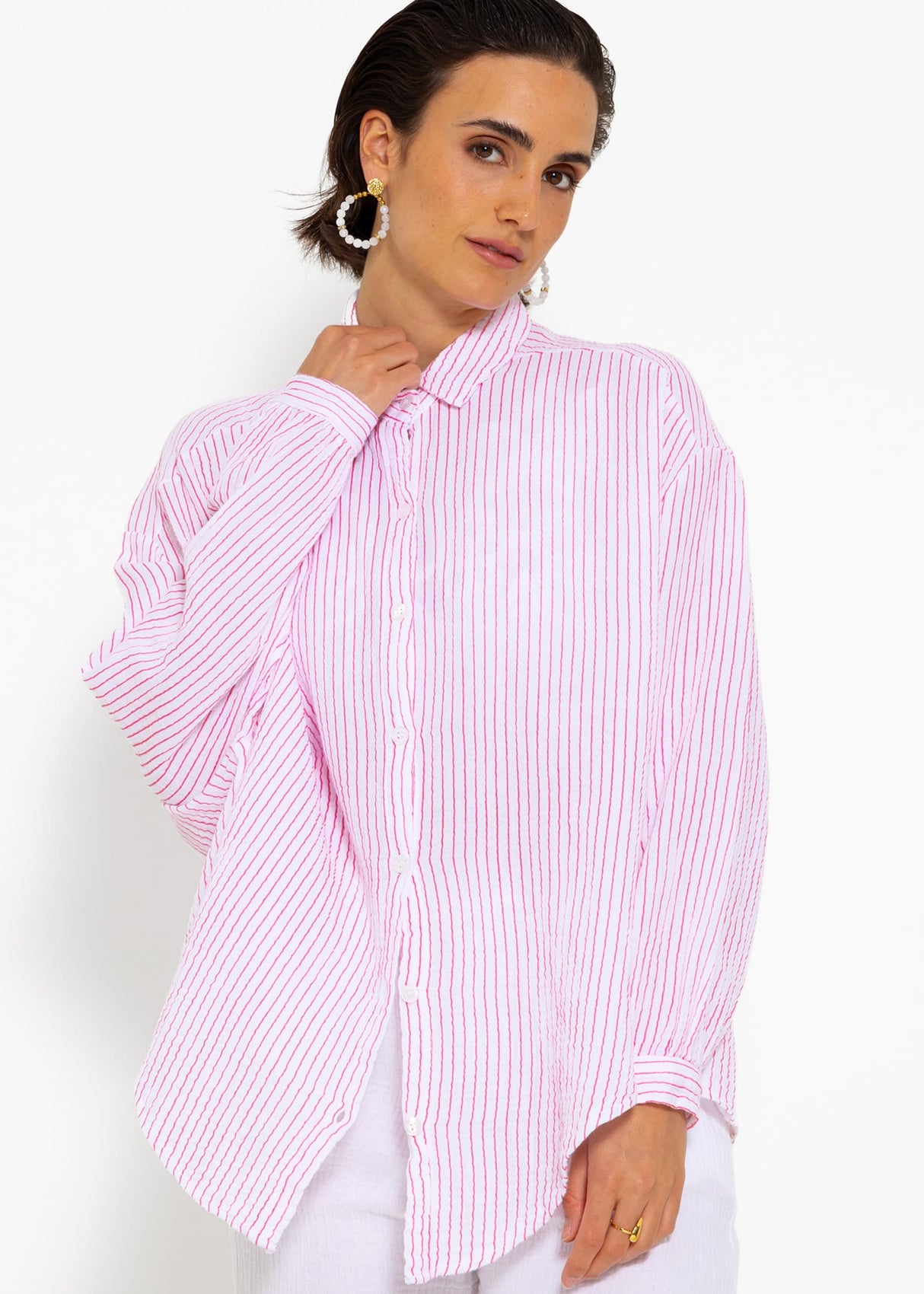 Gestreifte Musselin Bluse oversize, kurz, pink/weiß