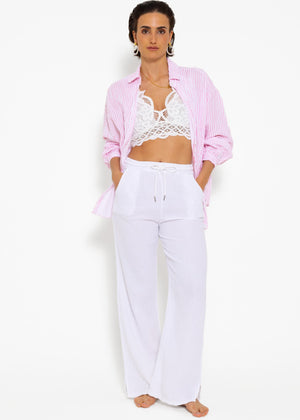 Gestreifte Musselin Bluse oversize, kurz, pink/weiß