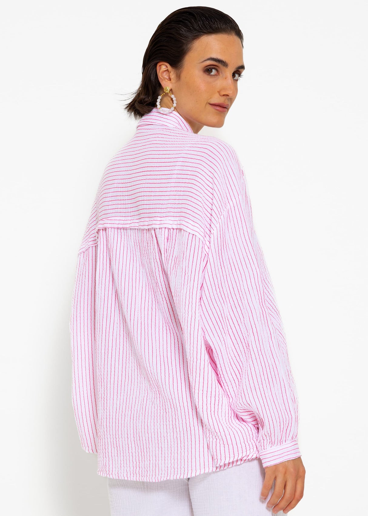 Gestreifte Musselin Bluse oversize, kurz, pink/weiß