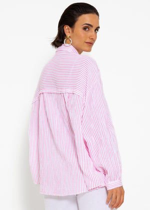 Gestreifte Musselin Bluse oversize, kurz, pink/weiß