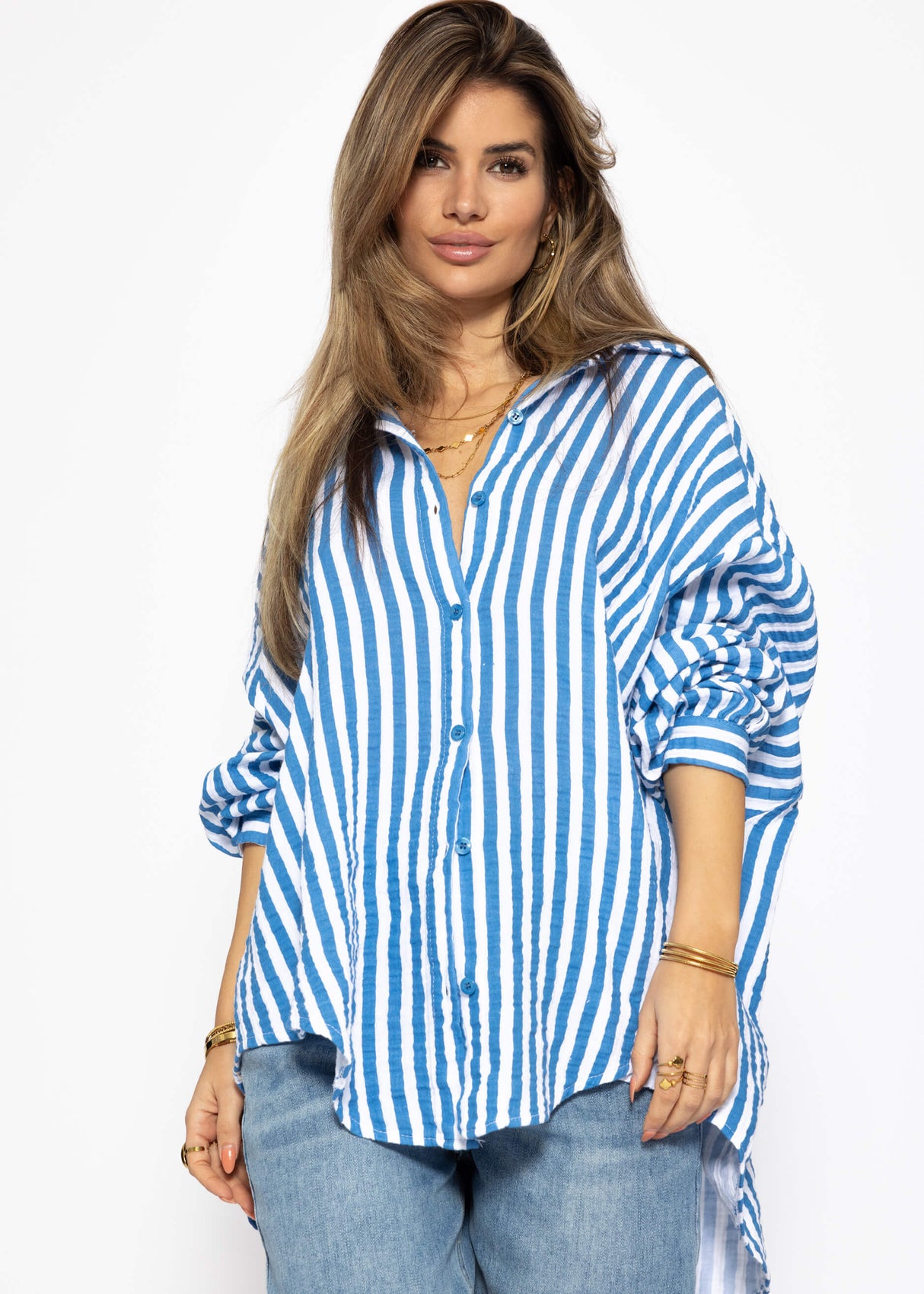 Striped oversized muslin blouse - denim blue