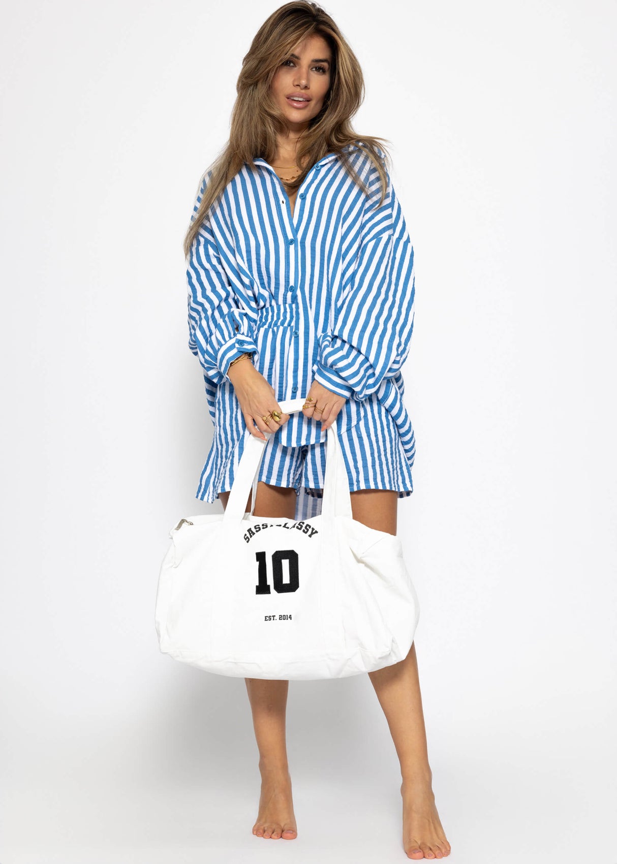 Striped oversized muslin blouse - denim blue