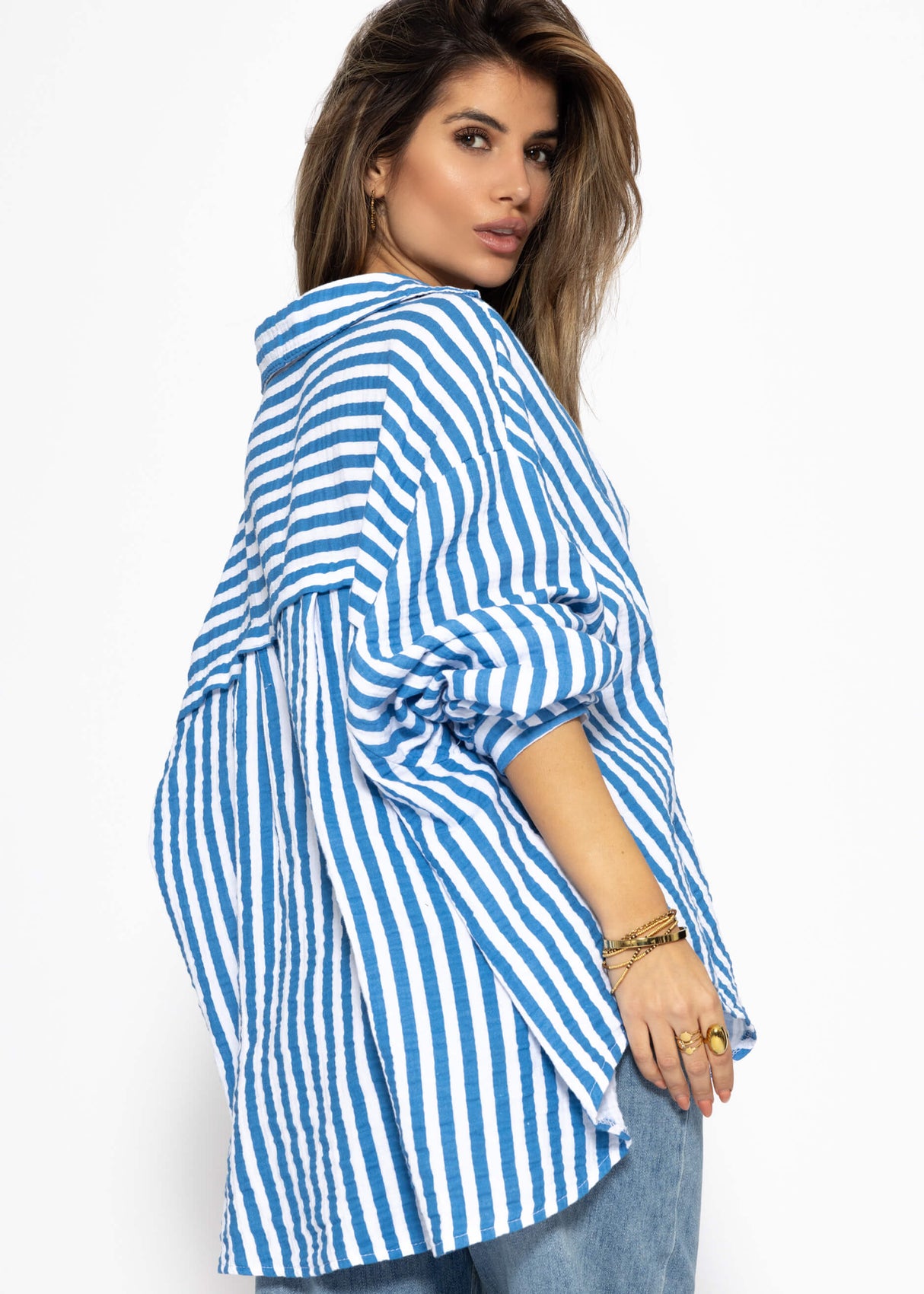 Striped oversized muslin blouse - denim blue