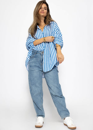 Striped oversized muslin blouse - denim blue