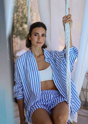 Gestreifte Oversize Musselin Bluse - jeansblau