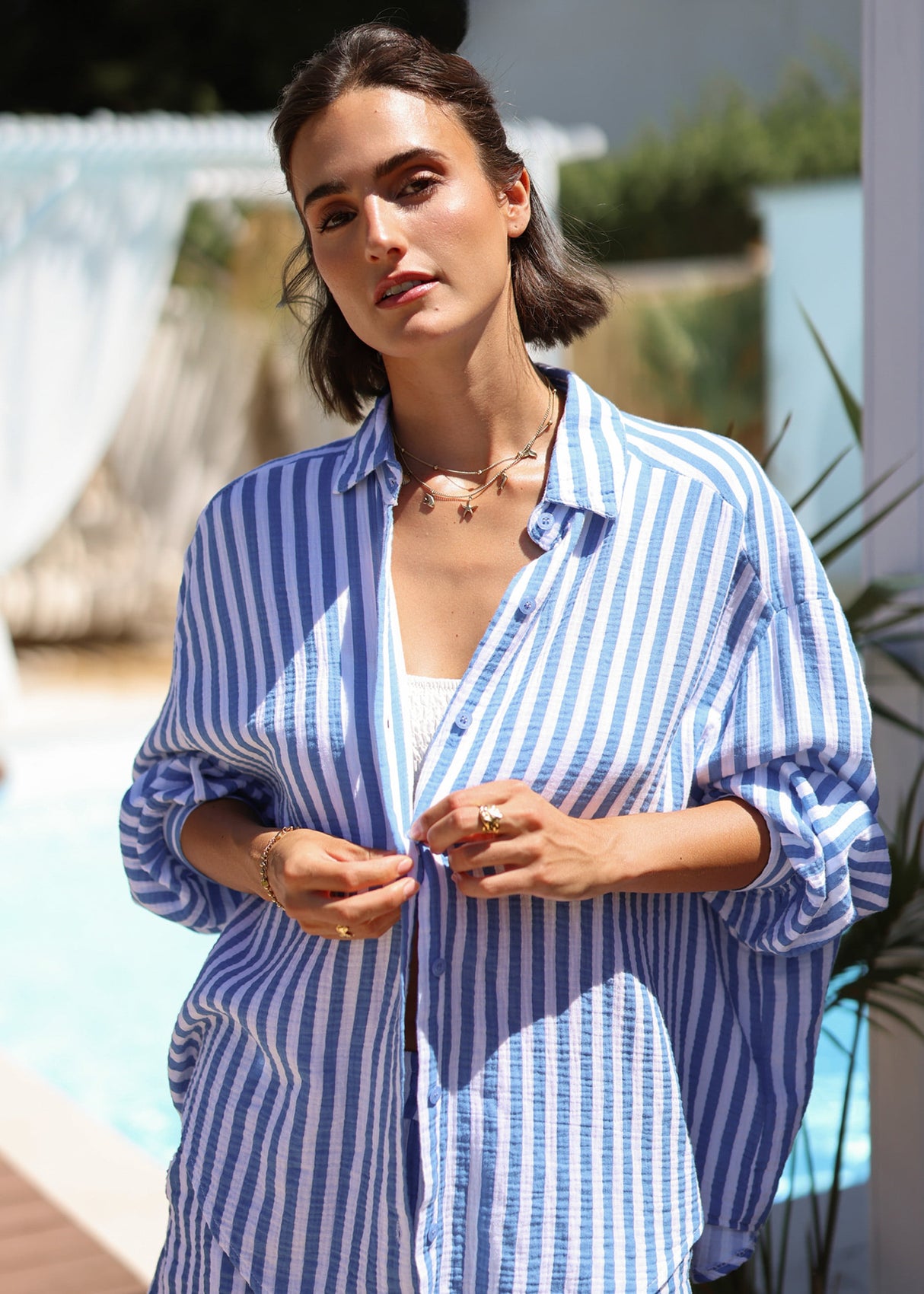 Gestreifte Oversize Musselin Bluse - jeansblau