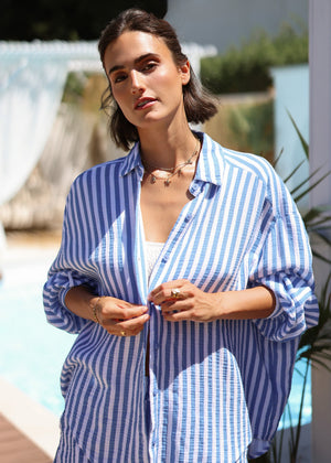 Gestreifte Oversize Musselin Bluse - jeansblau
