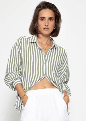 Gestreifte Oversize Musselin Bluse - khaki