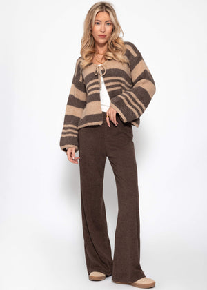 Striped cardigan with bow closure - brown-beige