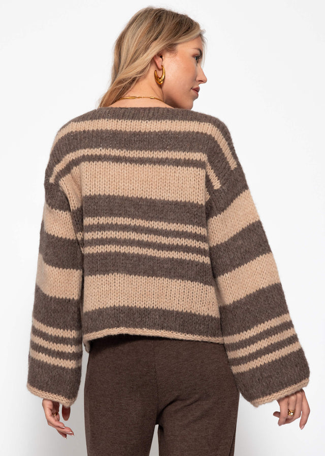 Striped cardigan with tie fastening - brown-beige