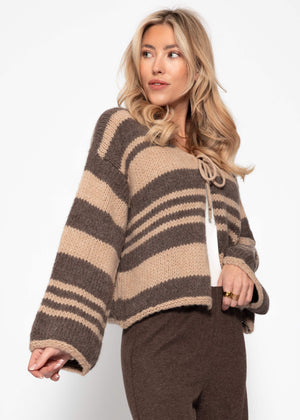 Striped cardigan with bow closure - brown-beige