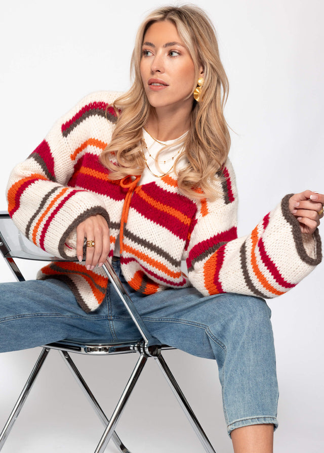 Multicoloured striped cardigan with tie fastening - orange-pink