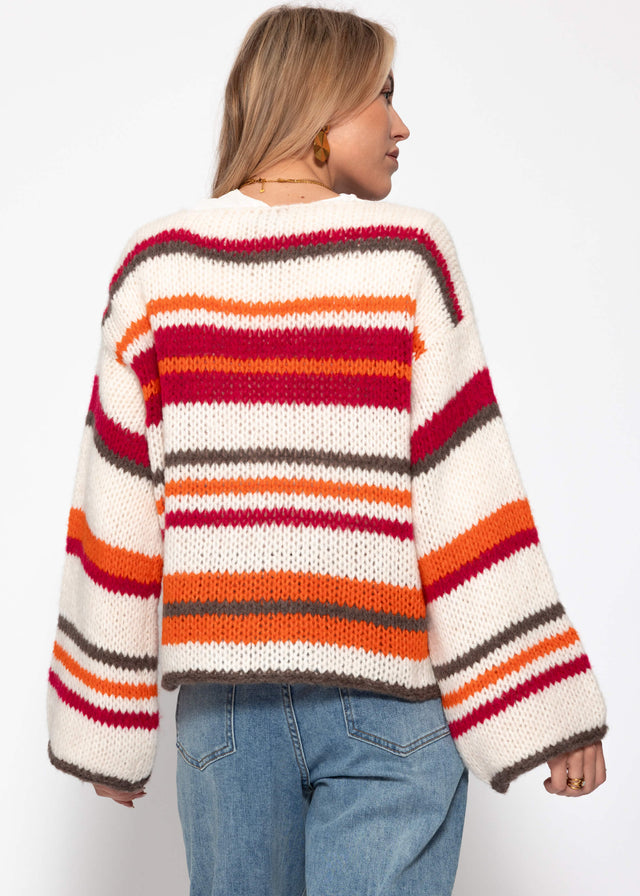 Multicoloured striped cardigan with tie fastening - orange-pink