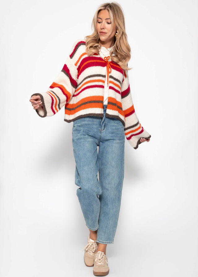 Multicoloured striped cardigan with tie fastening - orange-pink