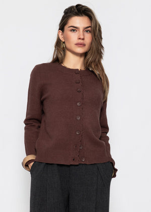 Gestreifte Strickjacke mit Volants - braun