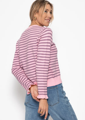 Gestreifte Strickjacke mit Volants - rosa