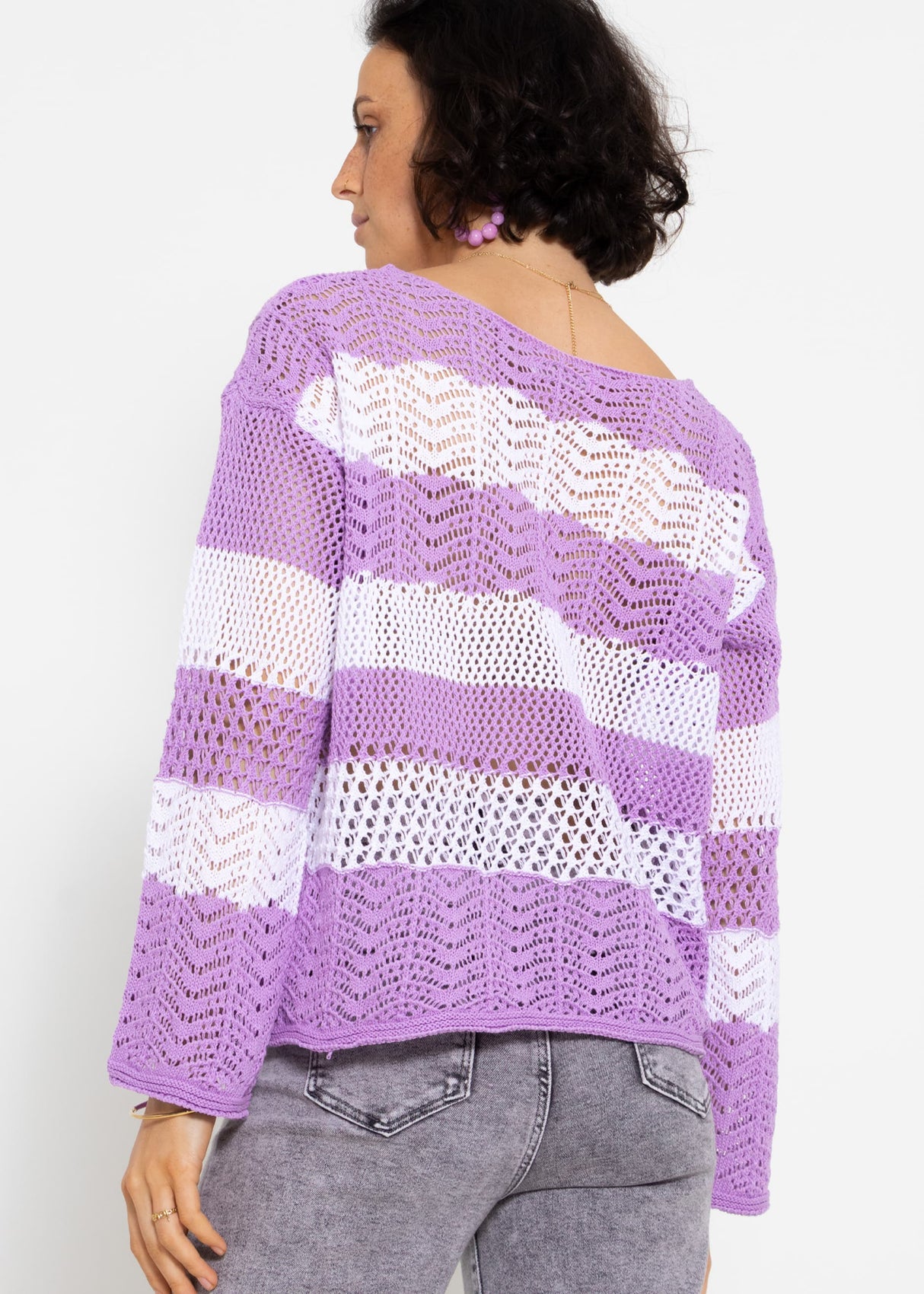 Gestreifter Ajour-Strickpullover - flieder-weiß