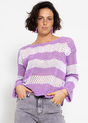 Gestreifter Ajour-Strickpullover - flieder-weiß