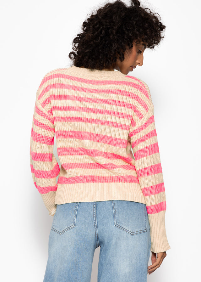 Gestreifter Baumwoll-Pullover - beige-lachs