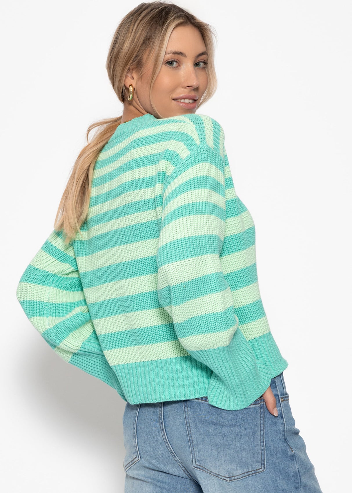 Gestreifter Baumwoll-Pullover - grün-mint