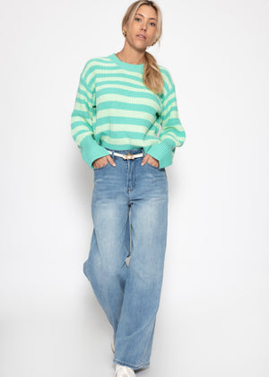 Gestreifter Baumwoll-Pullover - grün-mint
