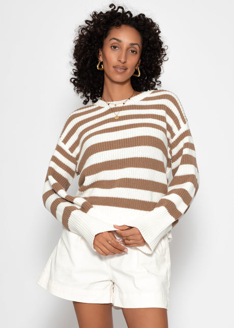 Gestreifter Baumwoll-Pullover - weiß-braun von SASSYCLASSY