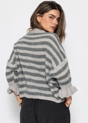Gestreifter Cardigan mit 3/4-Ärmeln - grau