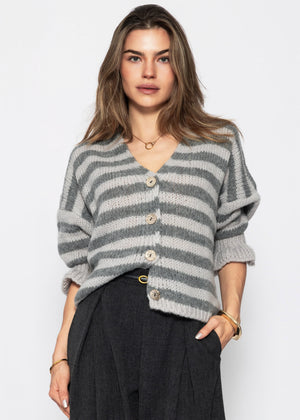 Gestreifter Cardigan mit 3/4-Ärmeln - grau