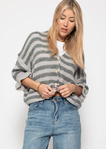 Gestreifter Cardigan mit 3/4-Ärmeln - grau