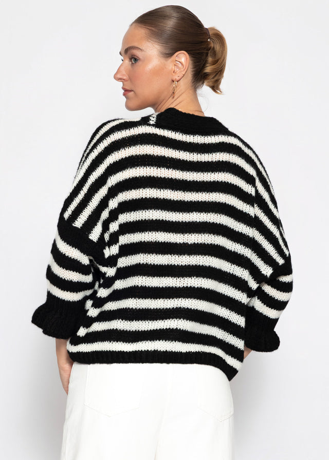 Striped cardigan with three-quarter sleeves - black