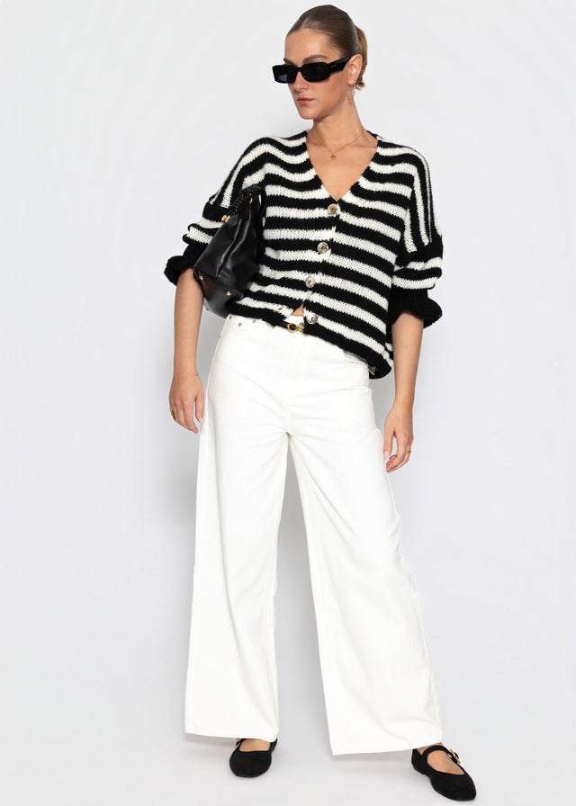 Striped cardigan with three-quarter sleeves - black