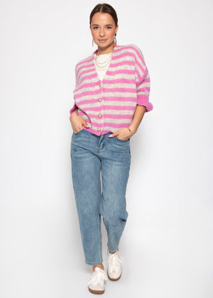 Gestreifter Cardigan mit 3/4-Ärmeln - pink