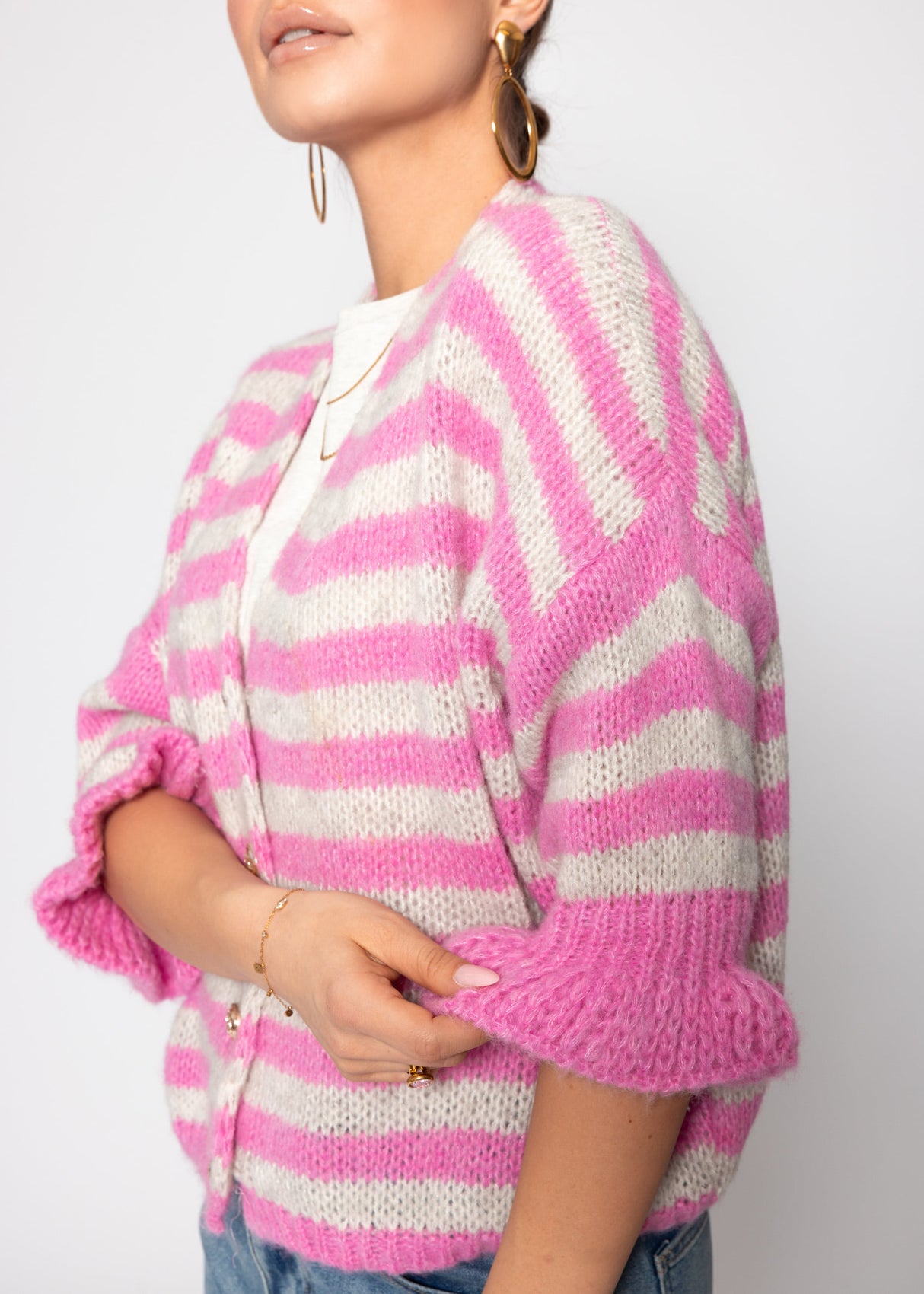 Gestreifter Cardigan mit 3/4-Ärmeln - pink