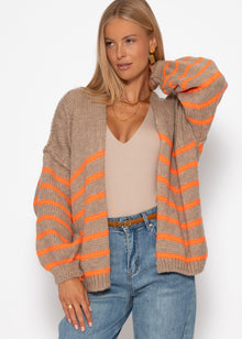 Gestreifter Cardigan mit Außennähten - beige