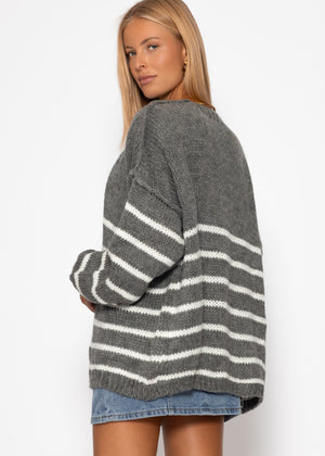 Gestreifter Cardigan mit Außennähten - grau
