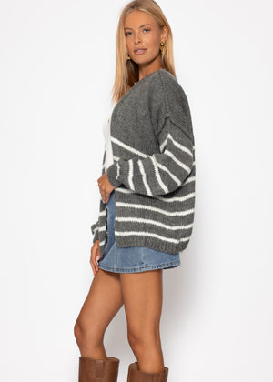 Gestreifter Cardigan mit Außennähten - grau