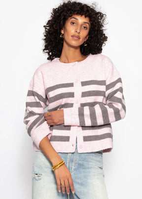 Gestreifter Cardigan mit Passe - rosa