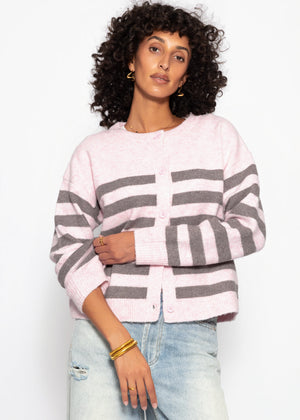 Gestreifter Cardigan mit Passe - rosa