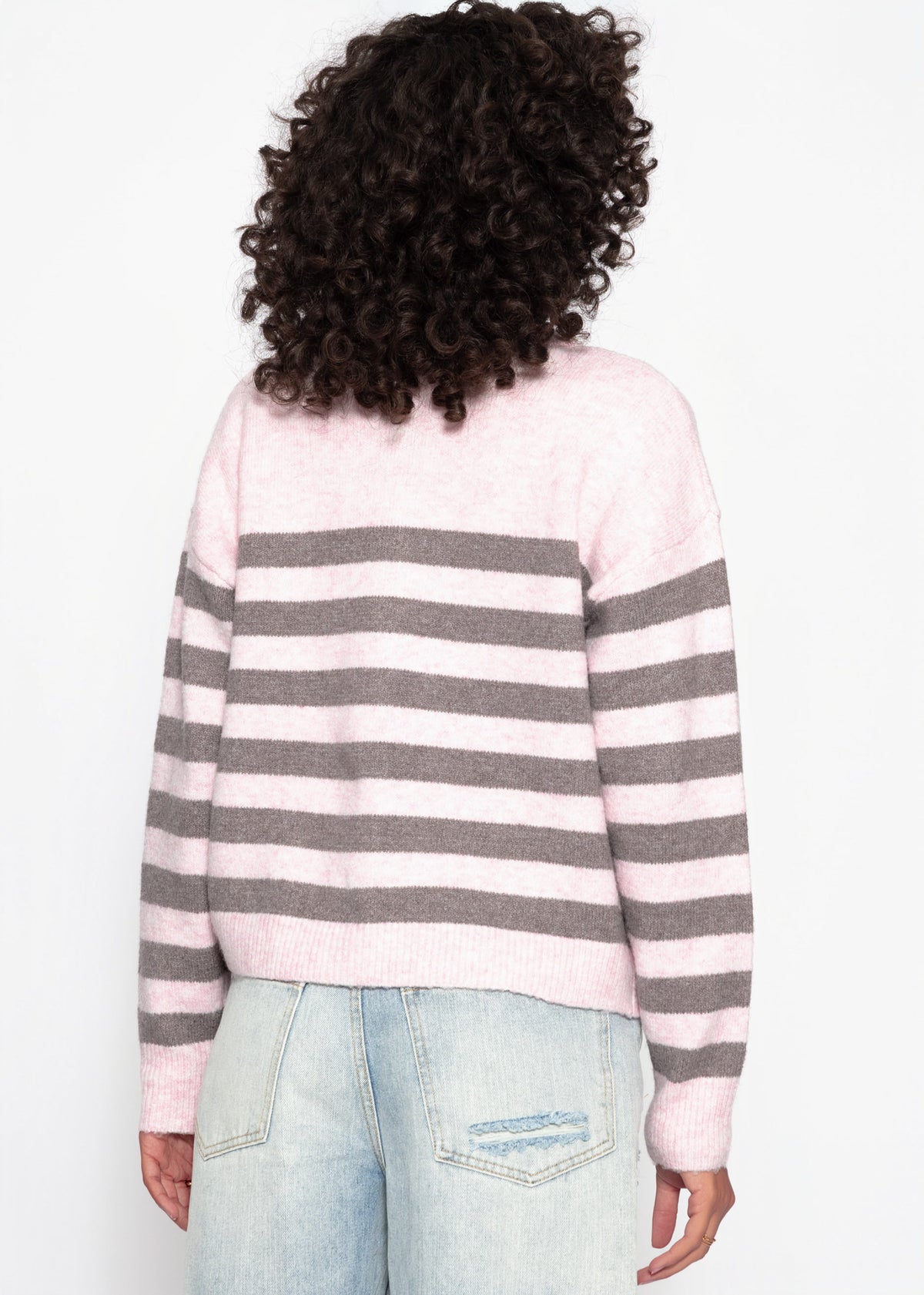 Gestreifter Cardigan mit Passe - rosa