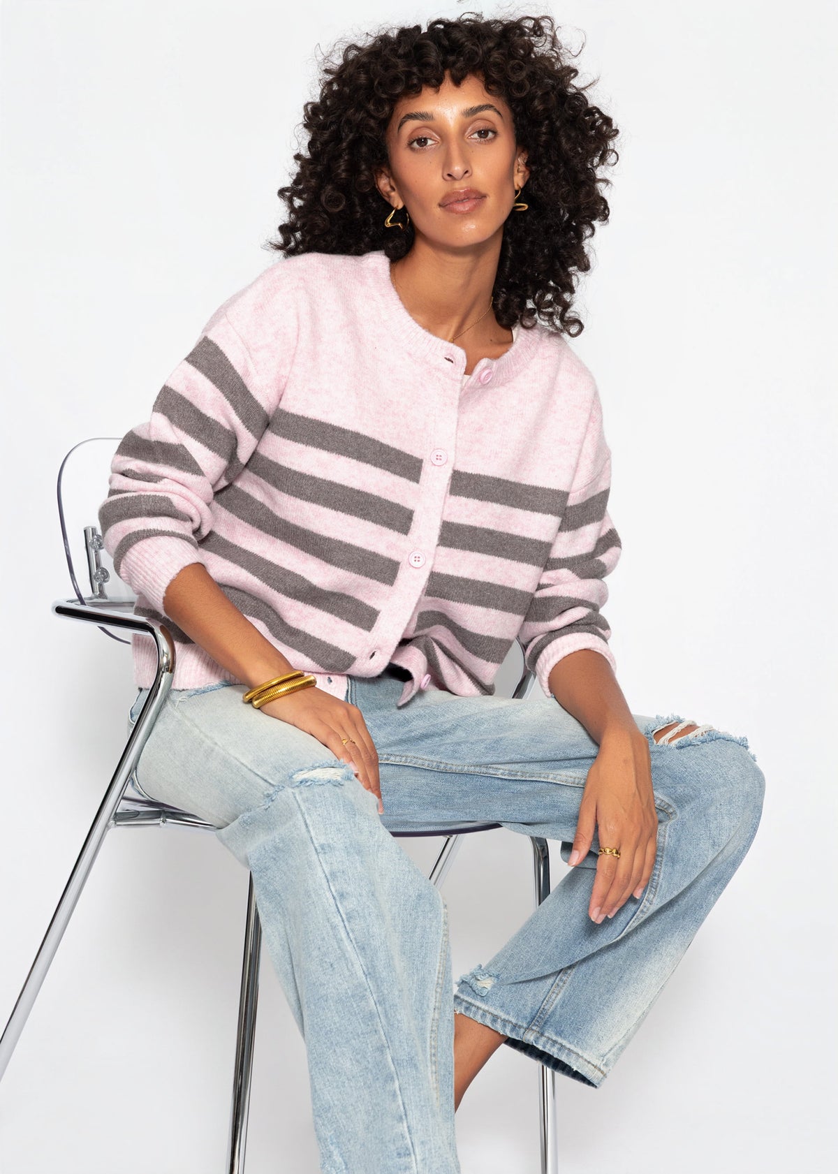 Gestreifter Cardigan mit Passe - rosa