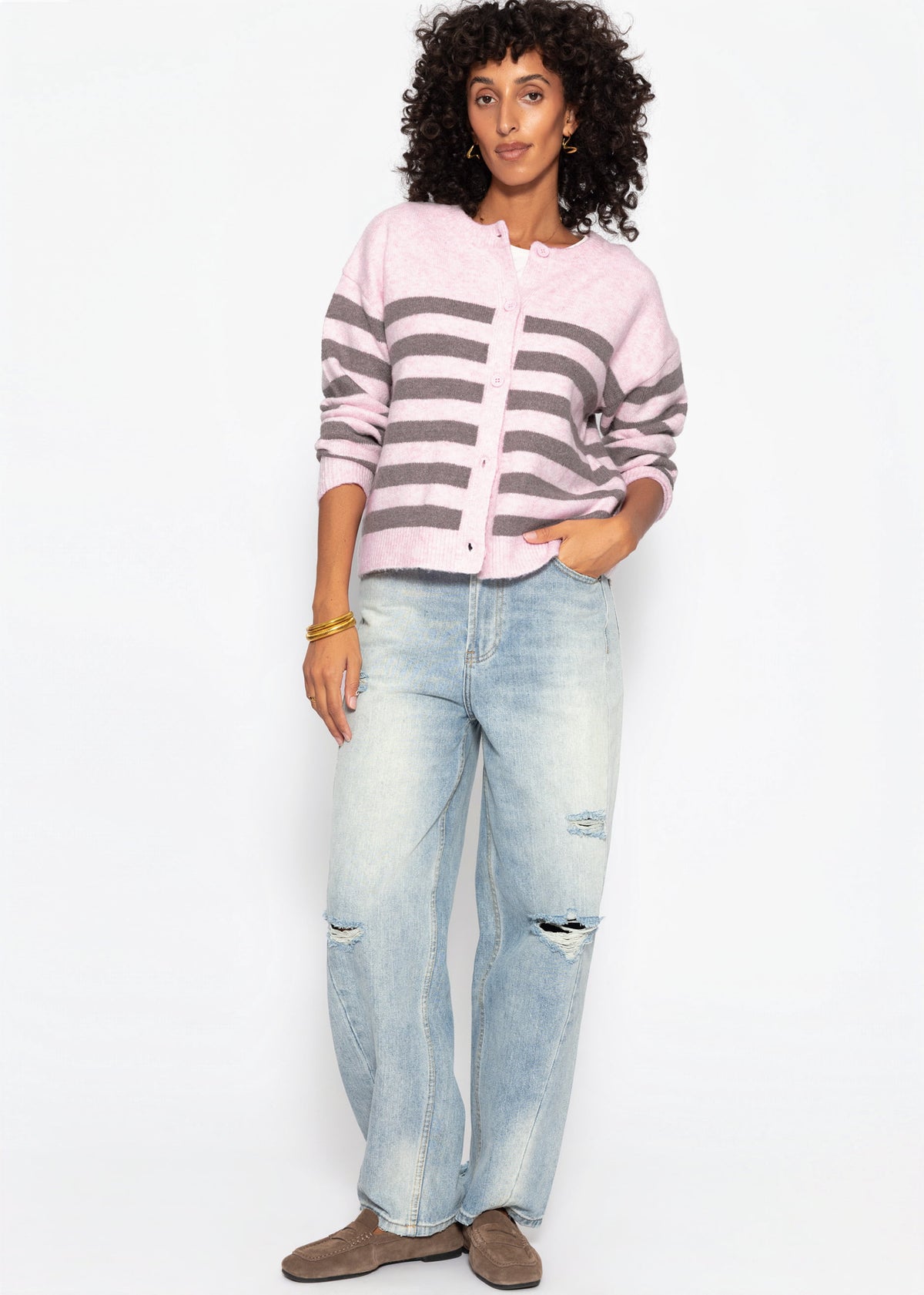 Gestreifter Cardigan mit Passe - rosa