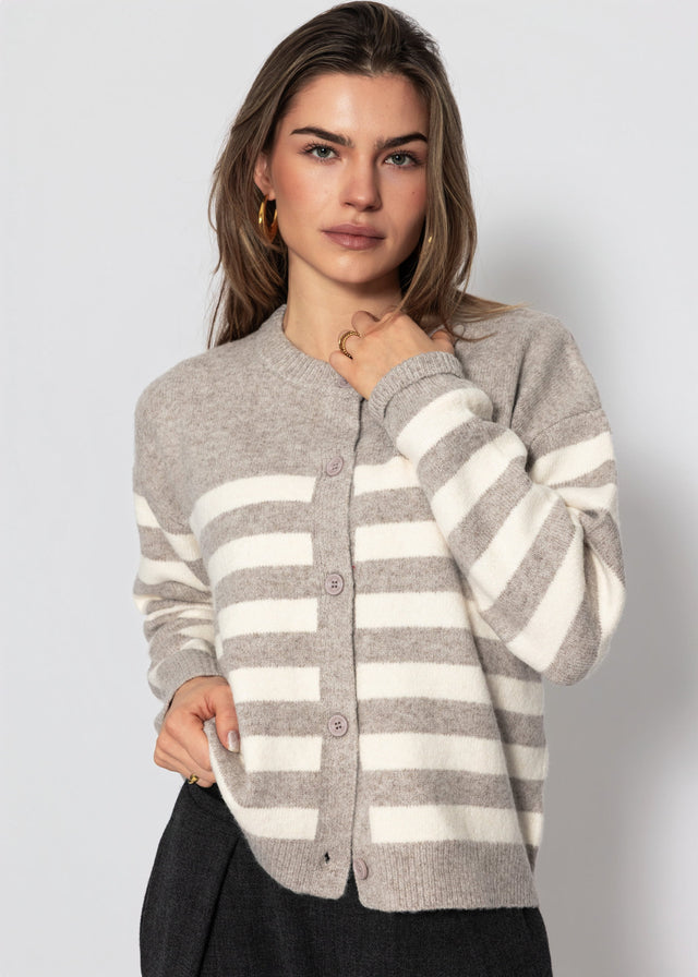 Gestreifter Cardigan mit Passe - taupe