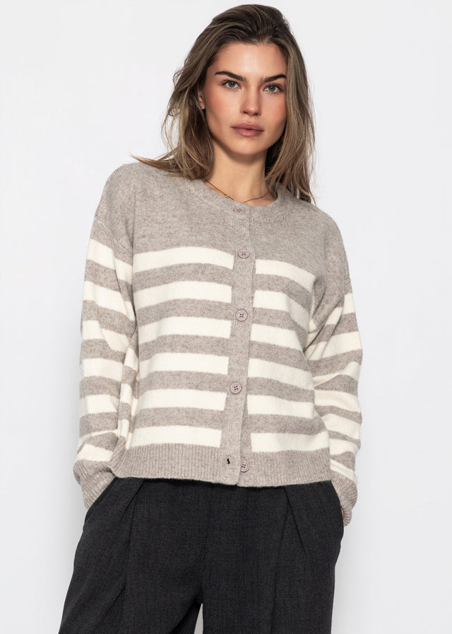 Gestreifter Cardigan mit Passe - taupe