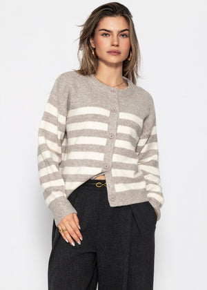 Gestreifter Cardigan mit Passe - taupe