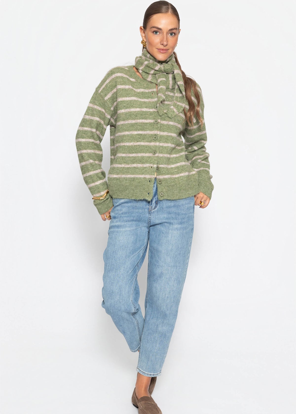 Gestreifter Cardigan mit Schal - khaki
