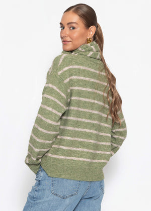 Gestreifter Cardigan mit Schal - khaki
