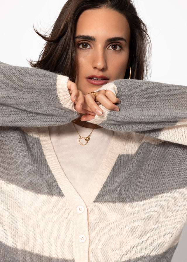 Striped fine knit cardigan with V-neck - grey-light beige